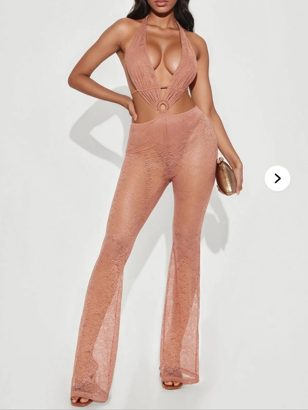 Fashion Nova Rose Taupe Halter Lace Cutout Jumpsuit